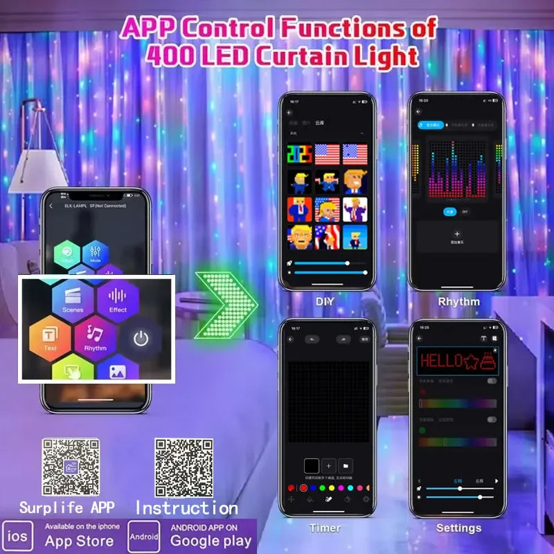 AURALITE Christmas LED Smart Curtain Lights Room App DIY RGB Fairy Lights Music Window Strip Lights Home Room Decoration